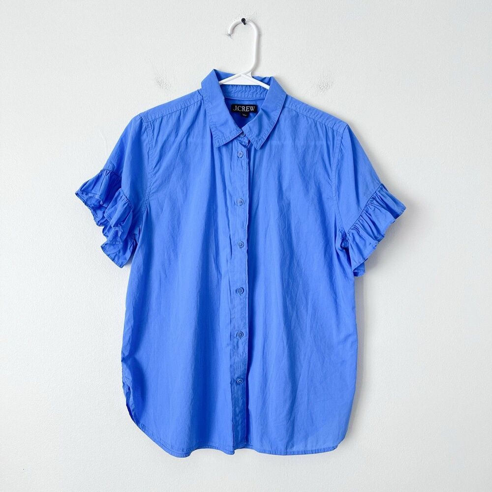 J.Crew Classic-Fit Lightweight Cotton Poplin Ruffle-Sleeve Shirt Woman’s 10 Blue - Picture 2 of 6